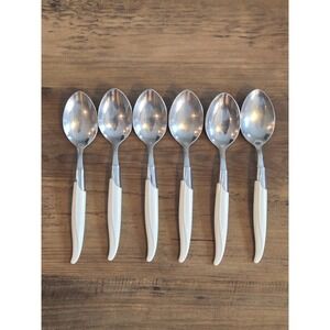Vintage Robinson USA Stainless Steel Tablespoon Lot of 6 White Handle MCM Retro